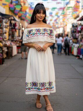 Handmade Mexican Embroidered Off Shoulder Smocked Dress Cream Boho Size L